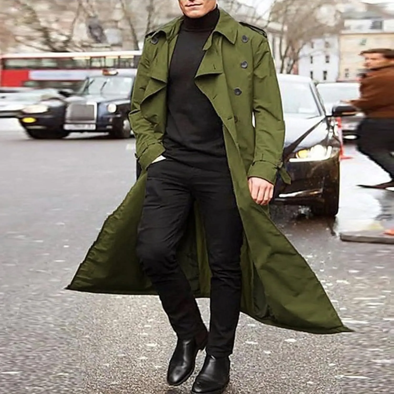 Men's Trench Coat Full Length Double Breasted Lapel Long Coat Casual Slim Fit Fall Winter Classic Stylish Business Overcoat