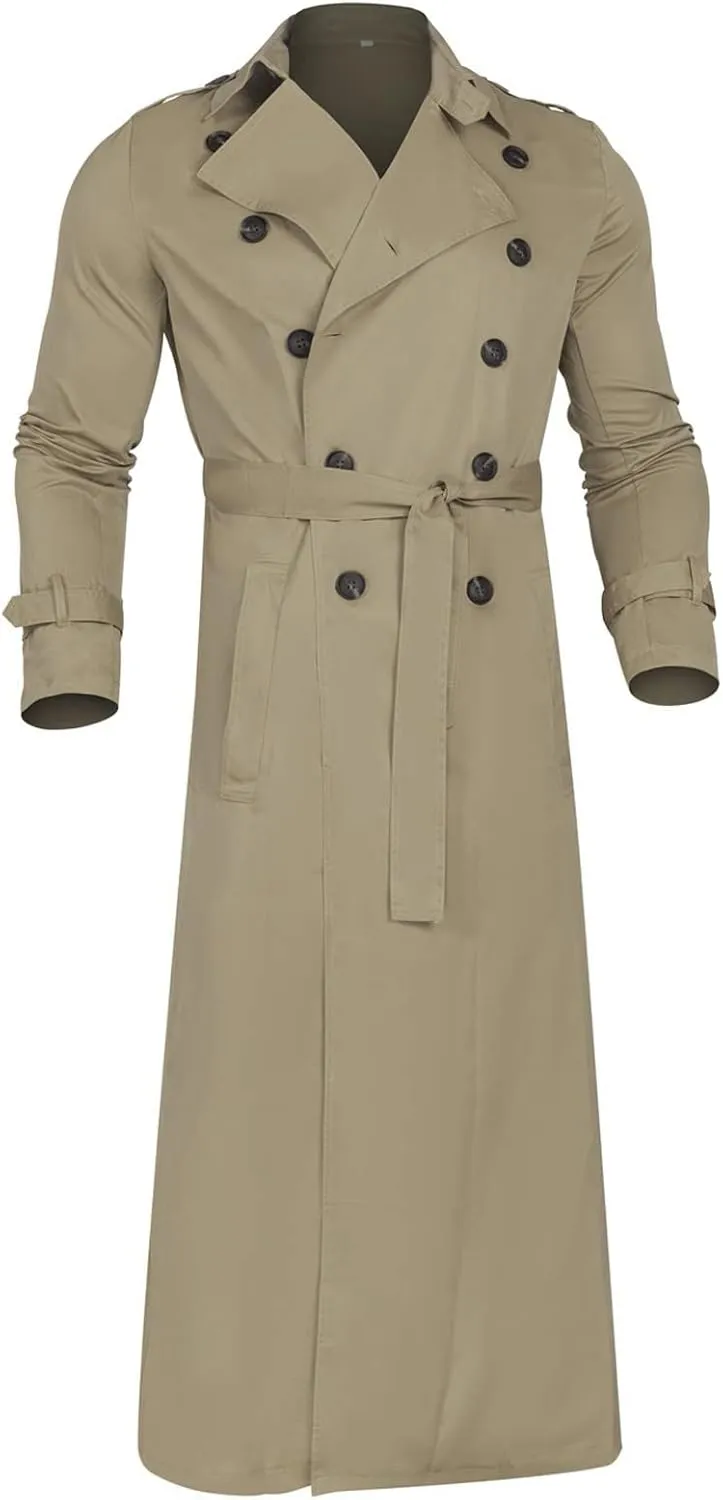Men's Trench Coat Full Length Double Breasted Lapel Long Coat Casual Slim Fit Fall Winter Classic Stylish Business Overcoat