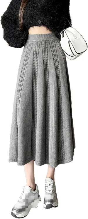 Midi Long Knitted Skirt for Women Autumn Winter Warm Solid A Line High Waist Pleated Skirt
