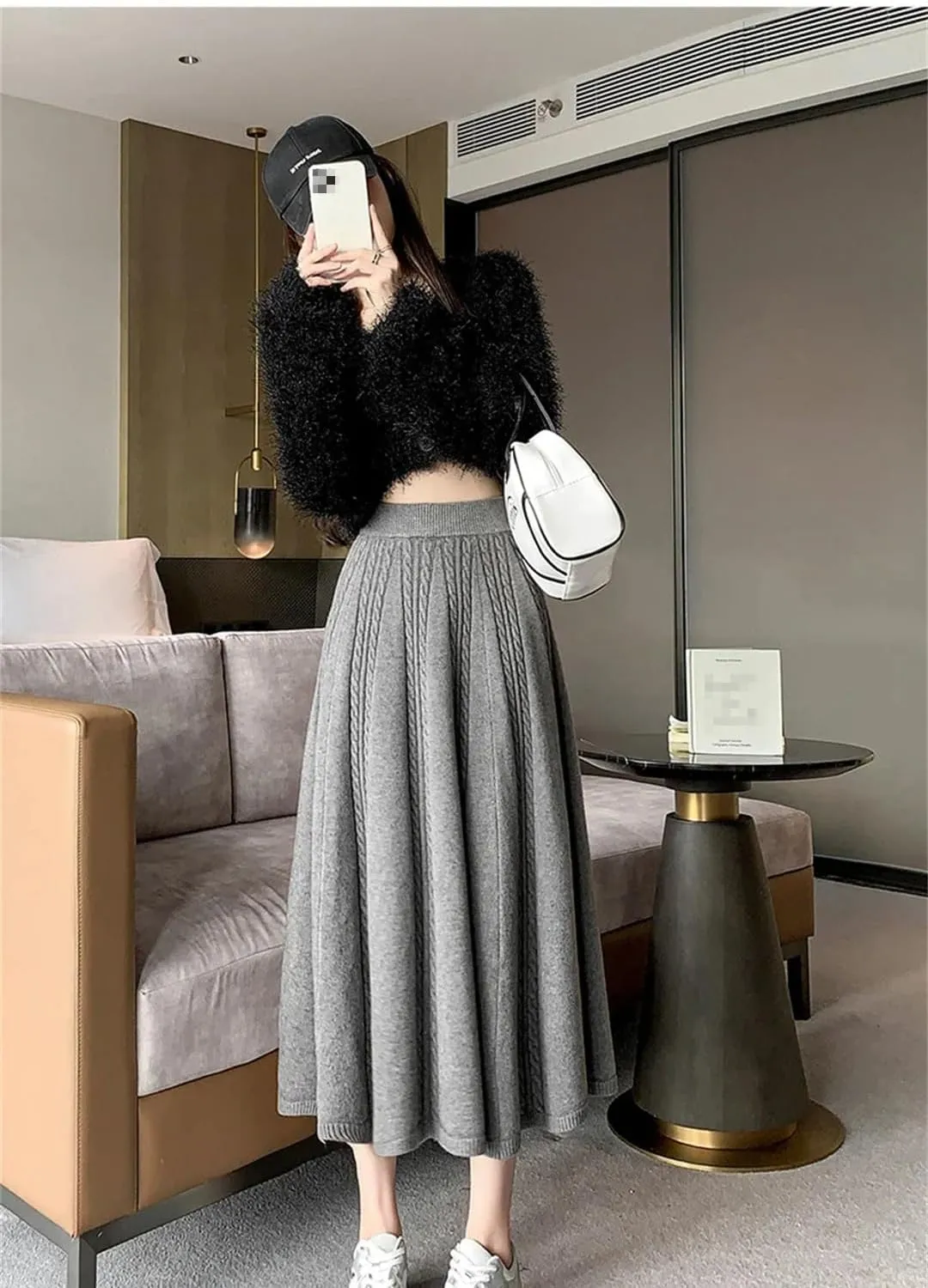 Midi Long Knitted Skirt for Women Autumn Winter Warm Solid A Line High Waist Pleated Skirt