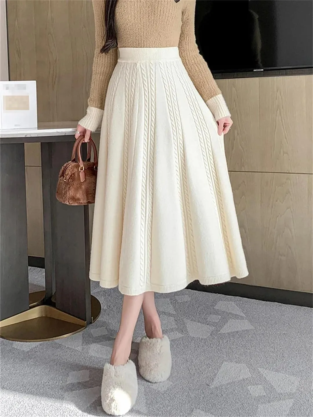Midi Long Knitted Skirt for Women Autumn Winter Warm Solid A Line High Waist Pleated Skirt