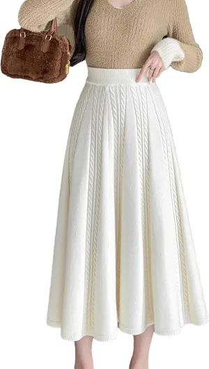 Midi Long Knitted Skirt for Women Autumn Winter Warm Solid A Line High Waist Pleated Skirt
