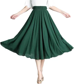 Midi Pleated Skirt Solid Women Long A-Line Solid High Waist Midi Skirts Bohemian