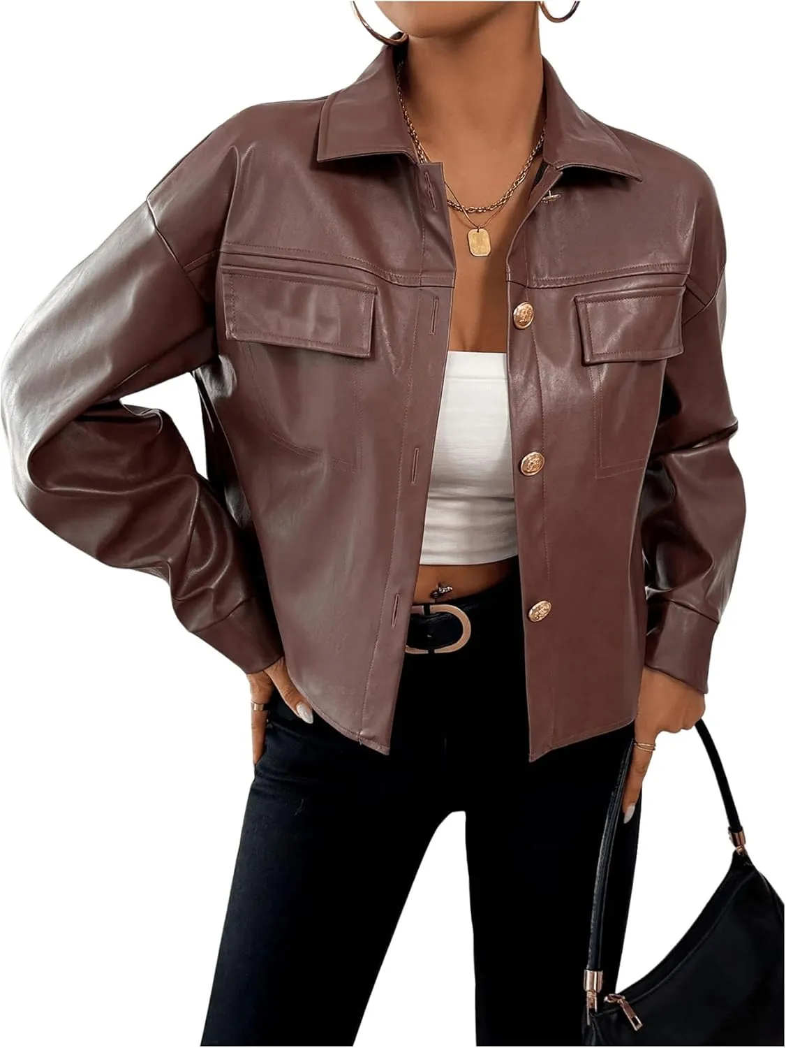 Milumia Women's Pu Leather Long Sleeve Jacket Button Front Motorcycle Coats
