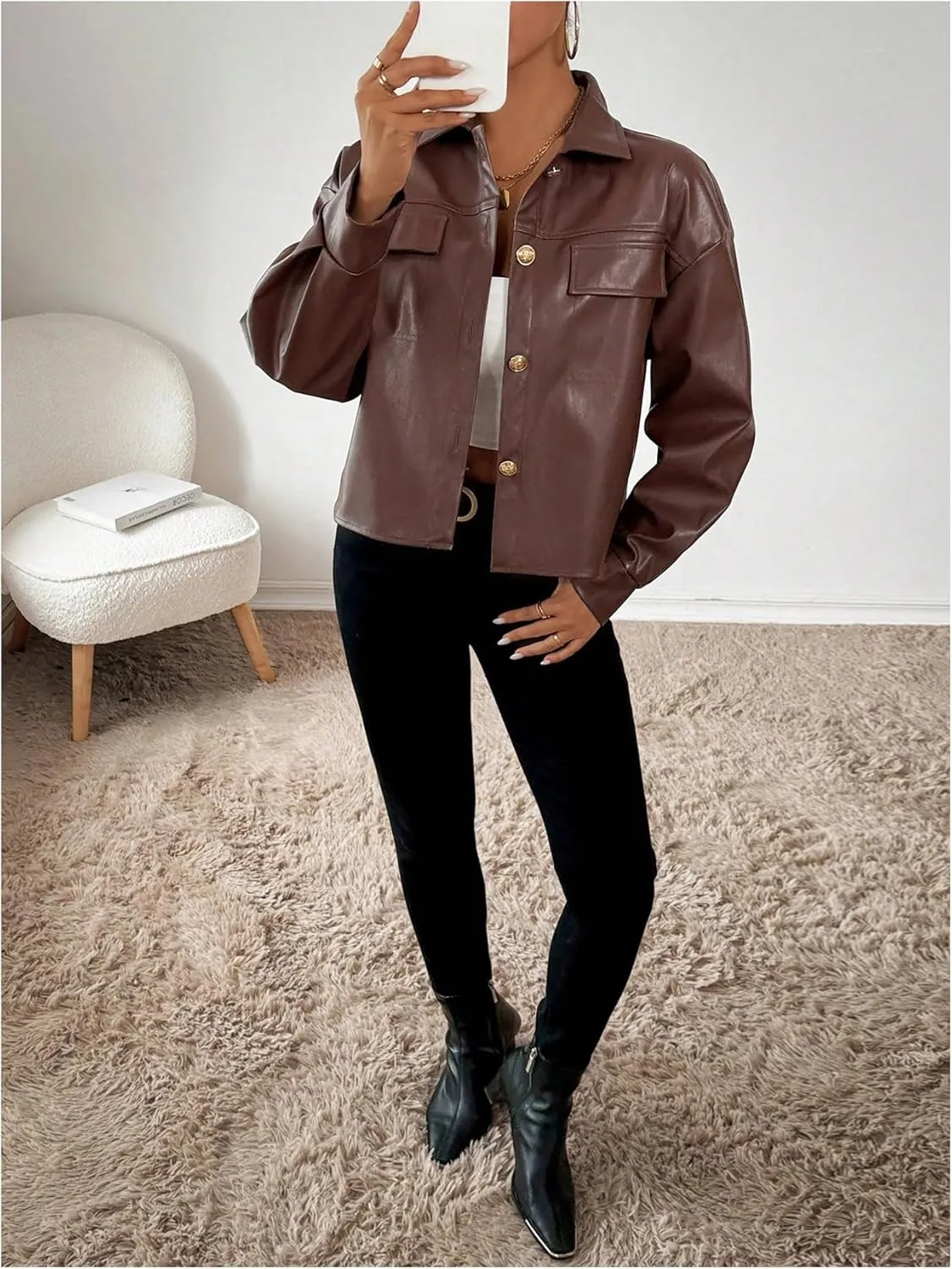 Milumia Women's Pu Leather Long Sleeve Jacket Button Front Motorcycle Coats