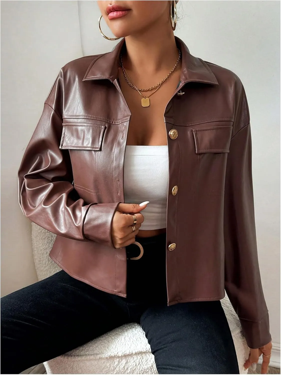 Milumia Women's Pu Leather Long Sleeve Jacket Button Front Motorcycle Coats