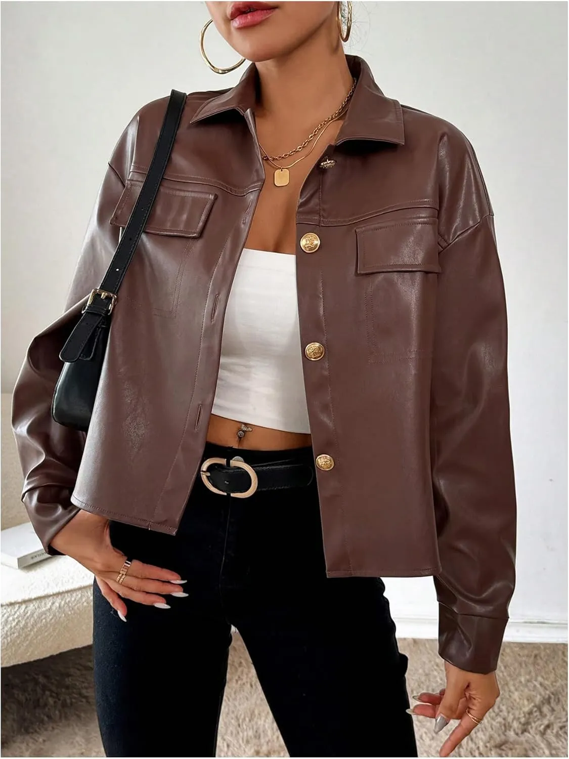 Milumia Women's Pu Leather Long Sleeve Jacket Button Front Motorcycle Coats