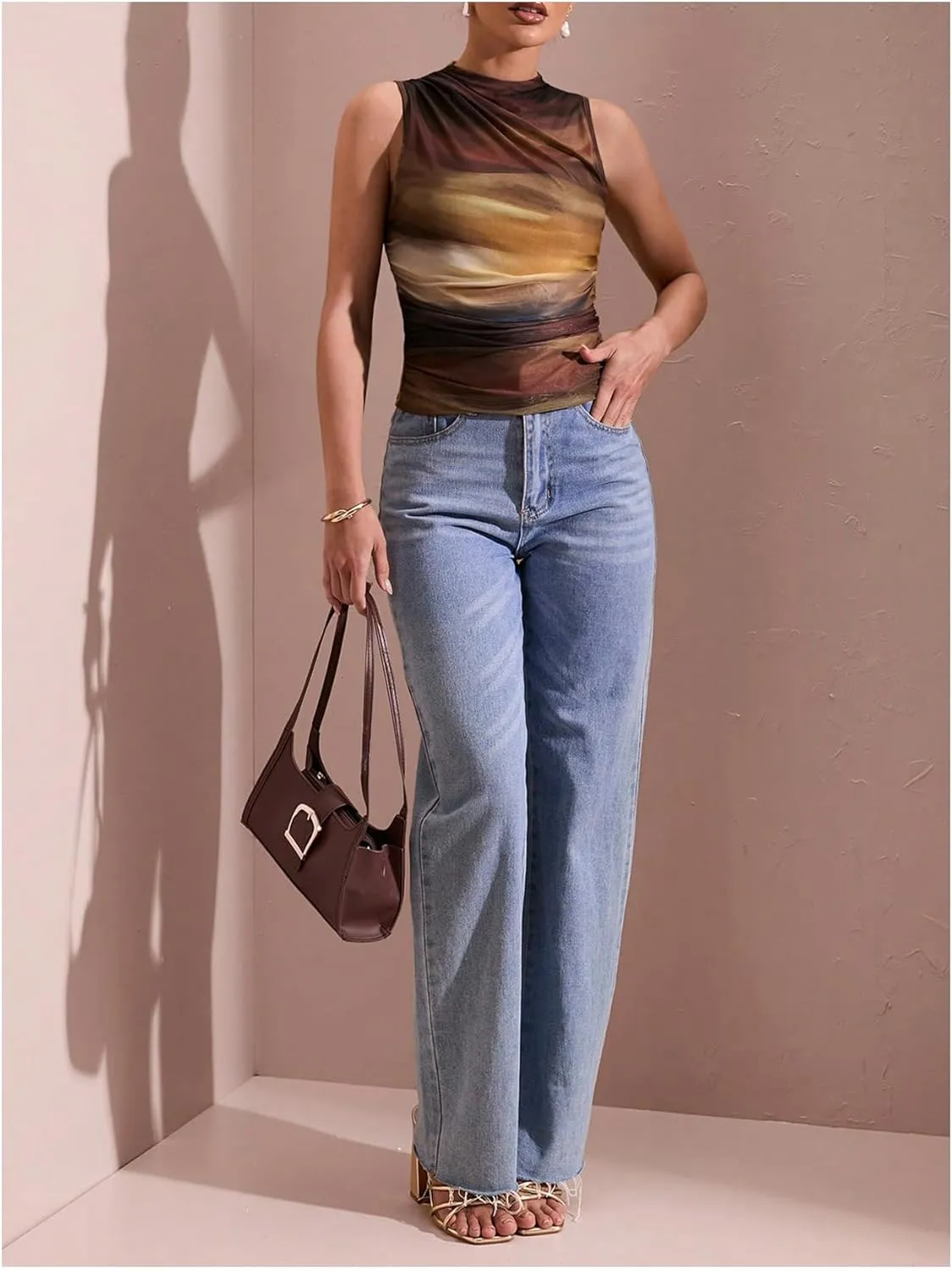Milumia Women's Tie Dye Mock Neck Mesh Tank Tops Ruched Sleeveless Shirts