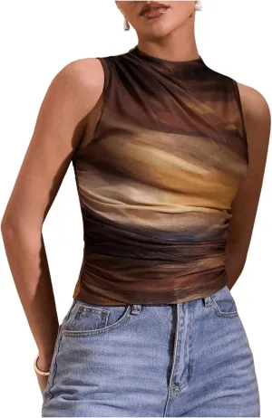 Milumia Women's Tie Dye Mock Neck Mesh Tank Tops Ruched Sleeveless Shirts