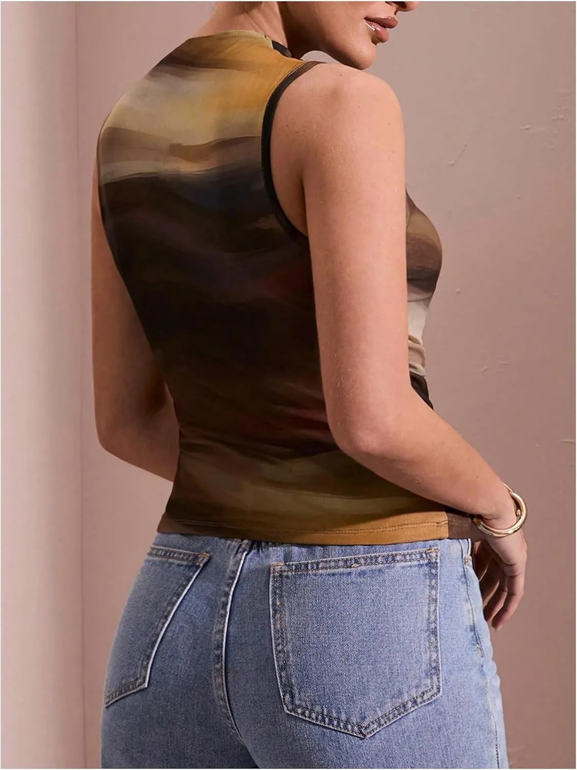 Milumia Women's Tie Dye Mock Neck Mesh Tank Tops Ruched Sleeveless Shirts