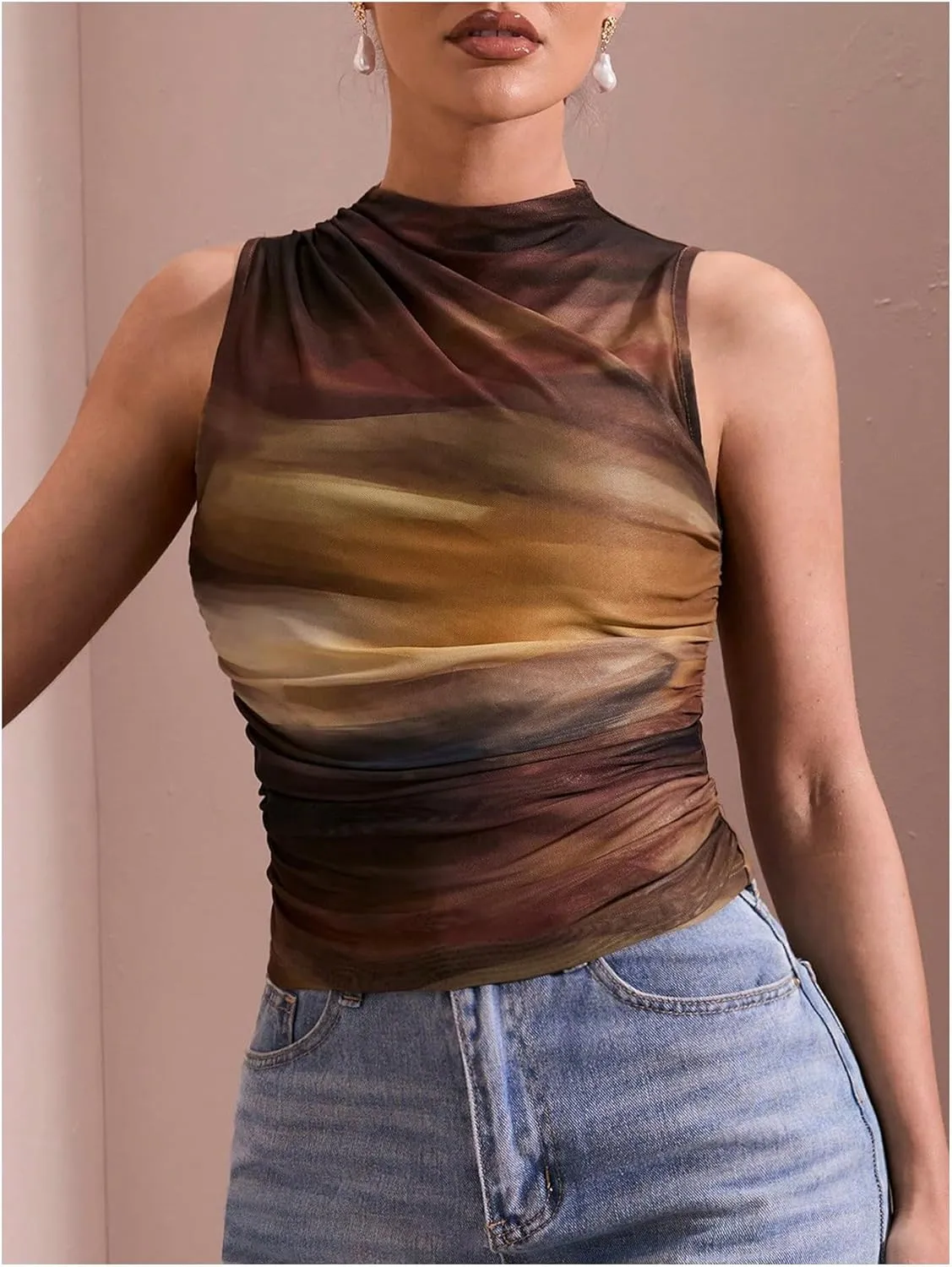 Milumia Women's Tie Dye Mock Neck Mesh Tank Tops Ruched Sleeveless Shirts