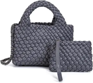 Mini Women's Handmade Woven Tote with Small Wallet Small Size Fashion Bright Color Vegan Leather Casual Tramp Crossbody Bag
