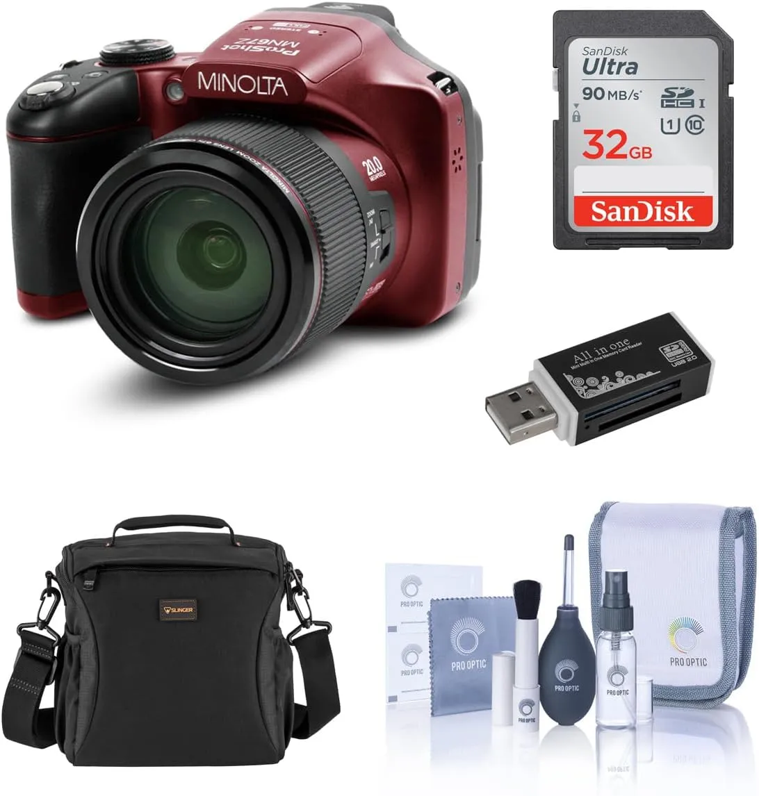 Minolta MN67Z 20MP Full HD Wi-Fi Bridge Camera with 67x Optical Zoom, Red Bundle with Bag, 32GB SD Card, Cleaning Kit, Card Reader
