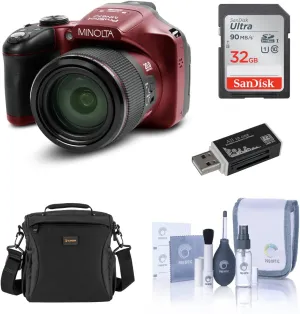 Minolta MN67Z 20MP Full HD Wi-Fi Bridge Camera with 67x Optical Zoom, Red Bundle with Bag, 32GB SD Card, Cleaning Kit, Card Reader