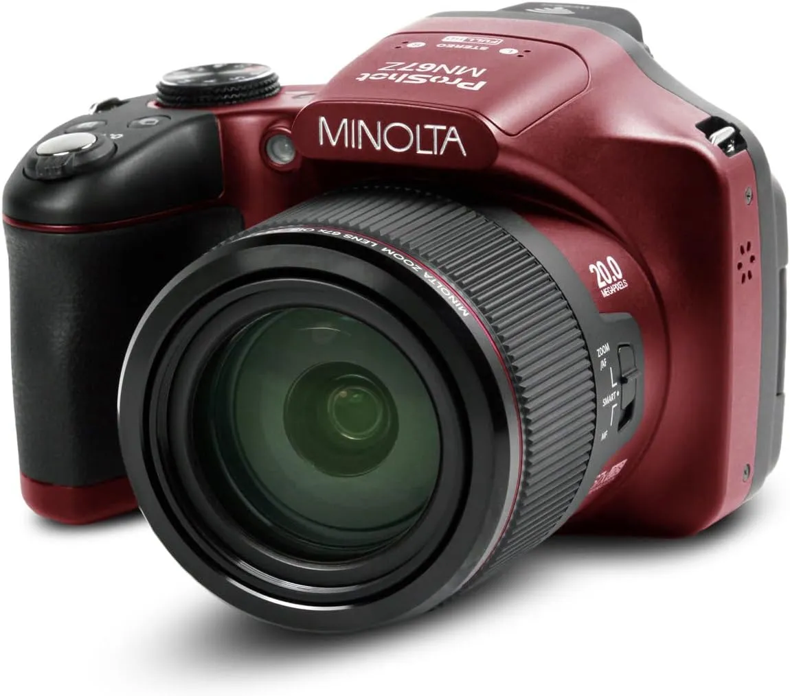 Minolta MN67Z 20MP Full HD Wi-Fi Bridge Camera with 67x Optical Zoom, Red Bundle with Bag, 32GB SD Card, Cleaning Kit, Card Reader