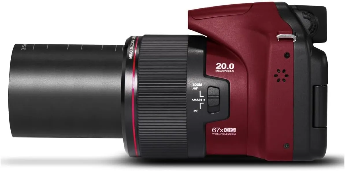 Minolta MN67Z 20MP Full HD Wi-Fi Bridge Camera with 67x Optical Zoom, Red Bundle with Bag, 32GB SD Card, Cleaning Kit, Card Reader