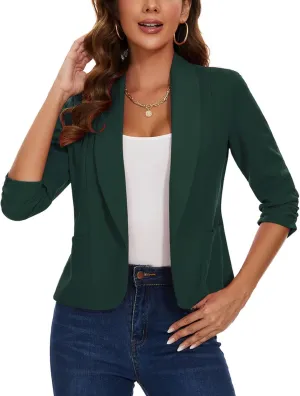 MINTLIMIT Womens Casual Blazers Open Front Shawl Lapel 3/4 Ruched Sleeve Blazer Work Office Lightweight Jackets with Pockets