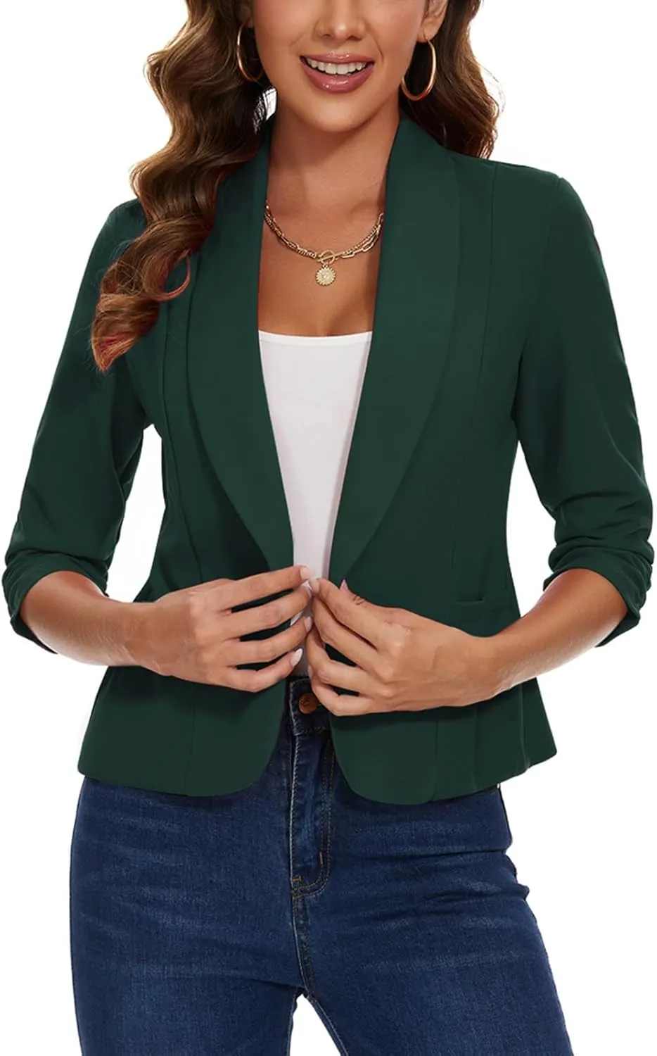 MINTLIMIT Womens Casual Blazers Open Front Shawl Lapel 3/4 Ruched Sleeve Blazer Work Office Lightweight Jackets with Pockets