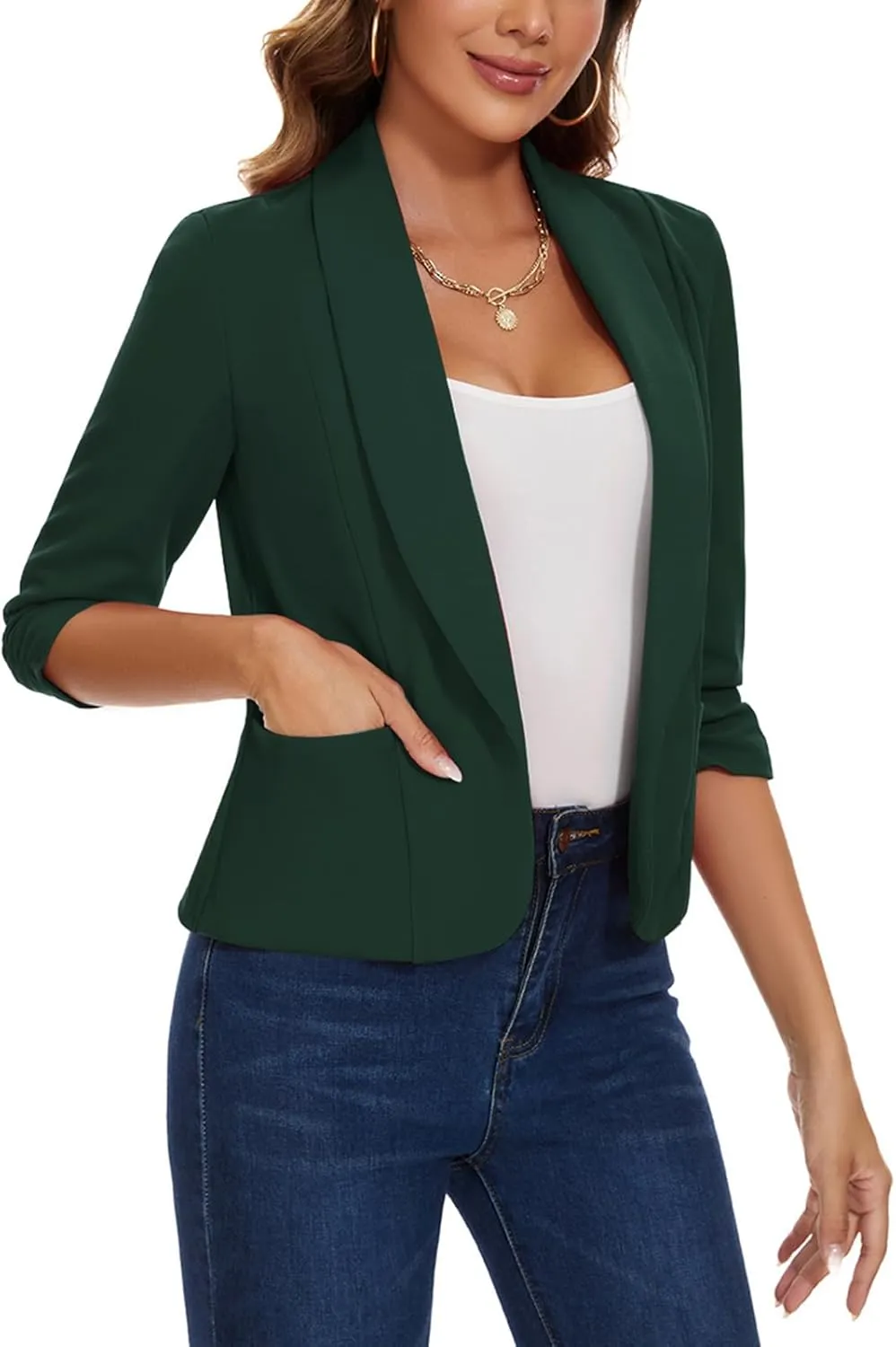 MINTLIMIT Womens Casual Blazers Open Front Shawl Lapel 3/4 Ruched Sleeve Blazer Work Office Lightweight Jackets with Pockets