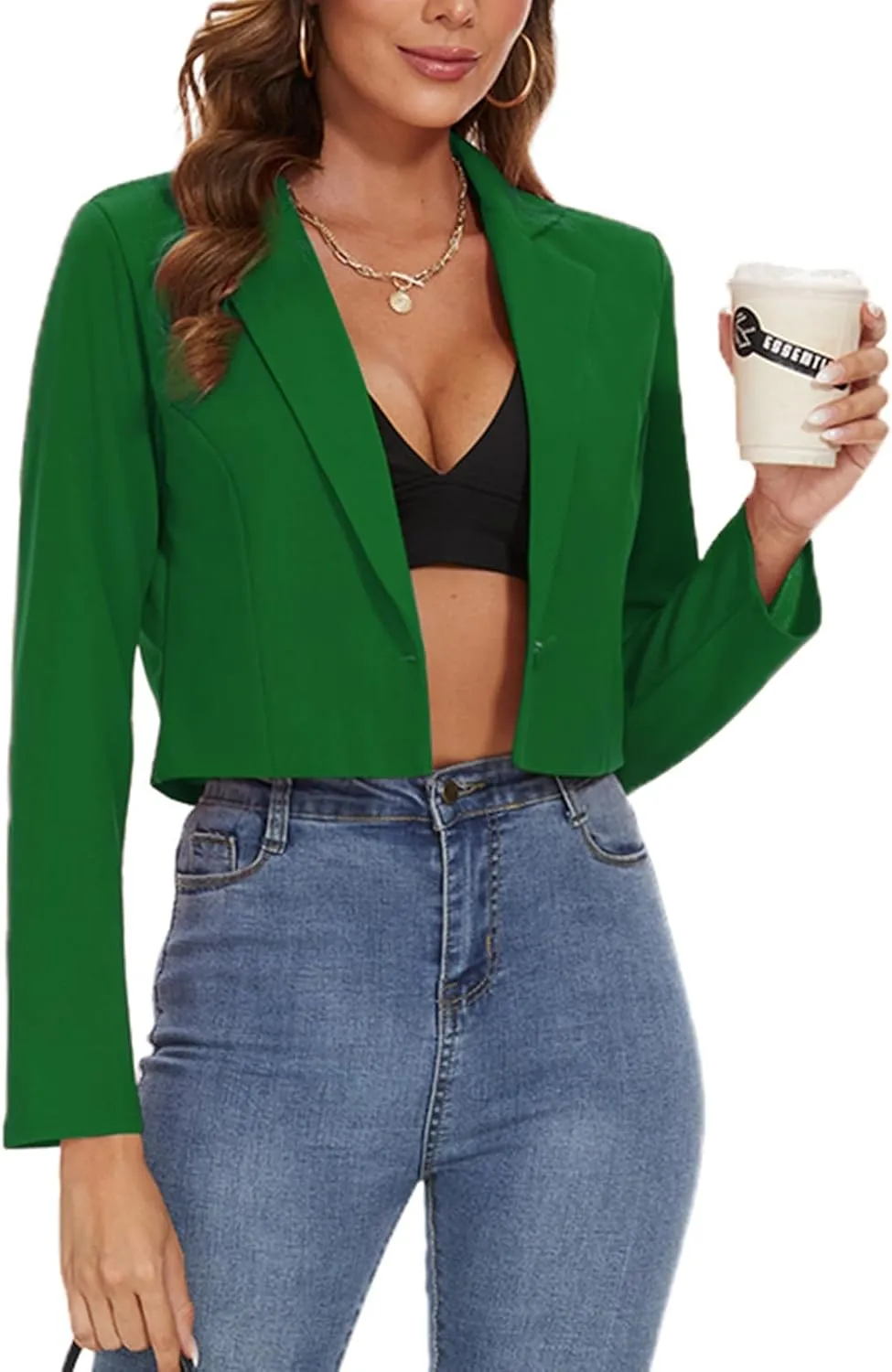 MINTLIMIT Women's Cropped Blazer Long Sleeve Notched Lapel Button Jackets Blazer Casual Work Office Cardigan Suit Jacket
