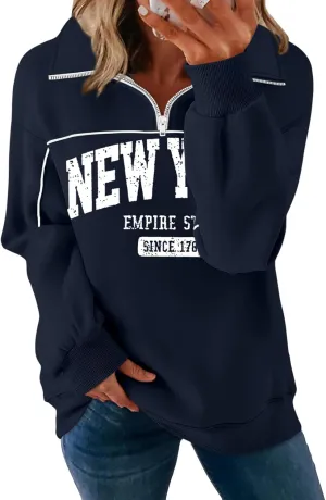 ORANDESIGNE Womens Oversized Graphic Sweatshirts Quarter Zip Pullover Fleece Letter Print Hoodies Trendy Clothes 2025