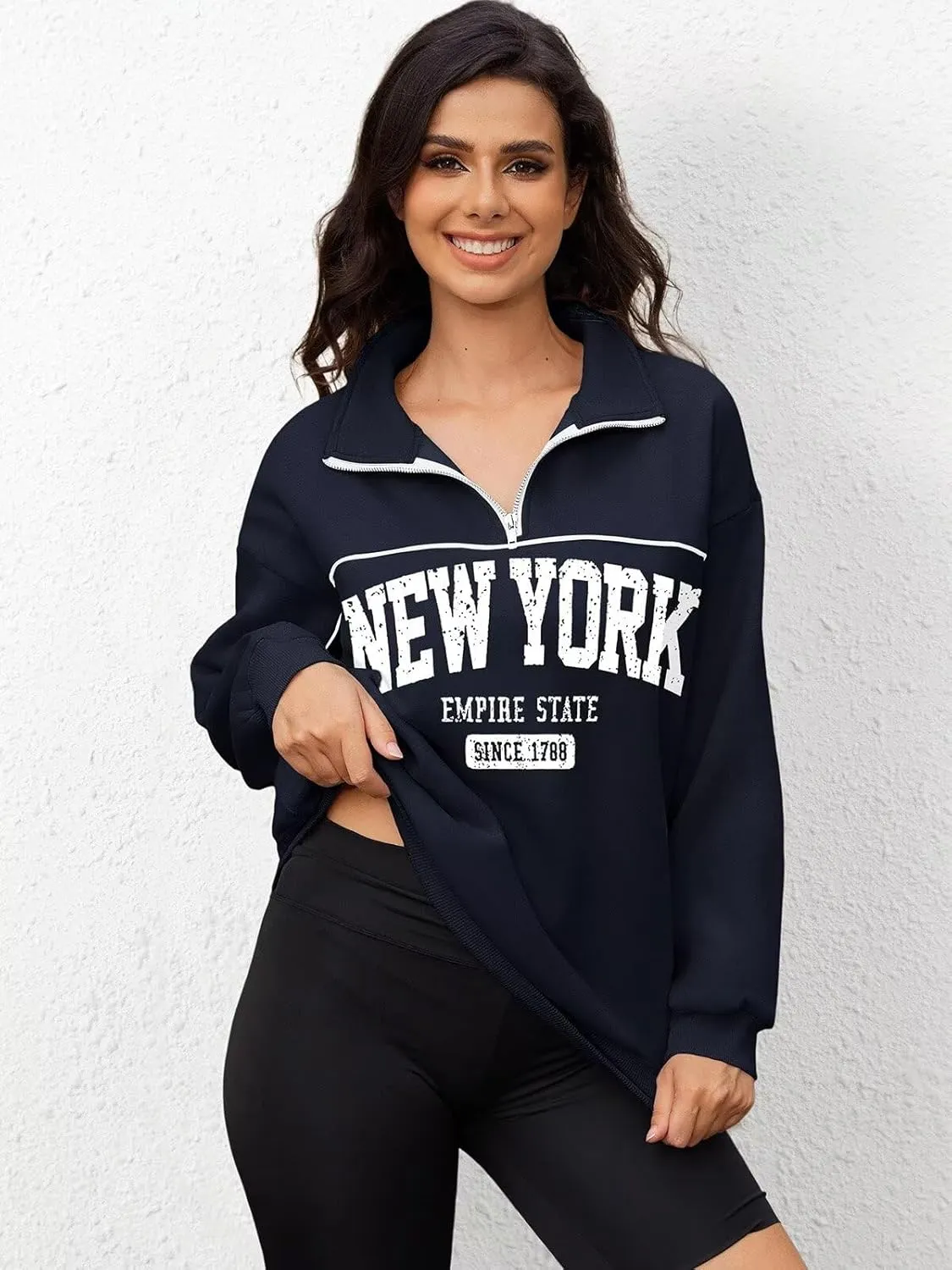 ORANDESIGNE Womens Oversized Graphic Sweatshirts Quarter Zip Pullover Fleece Letter Print Hoodies Trendy Clothes 2025