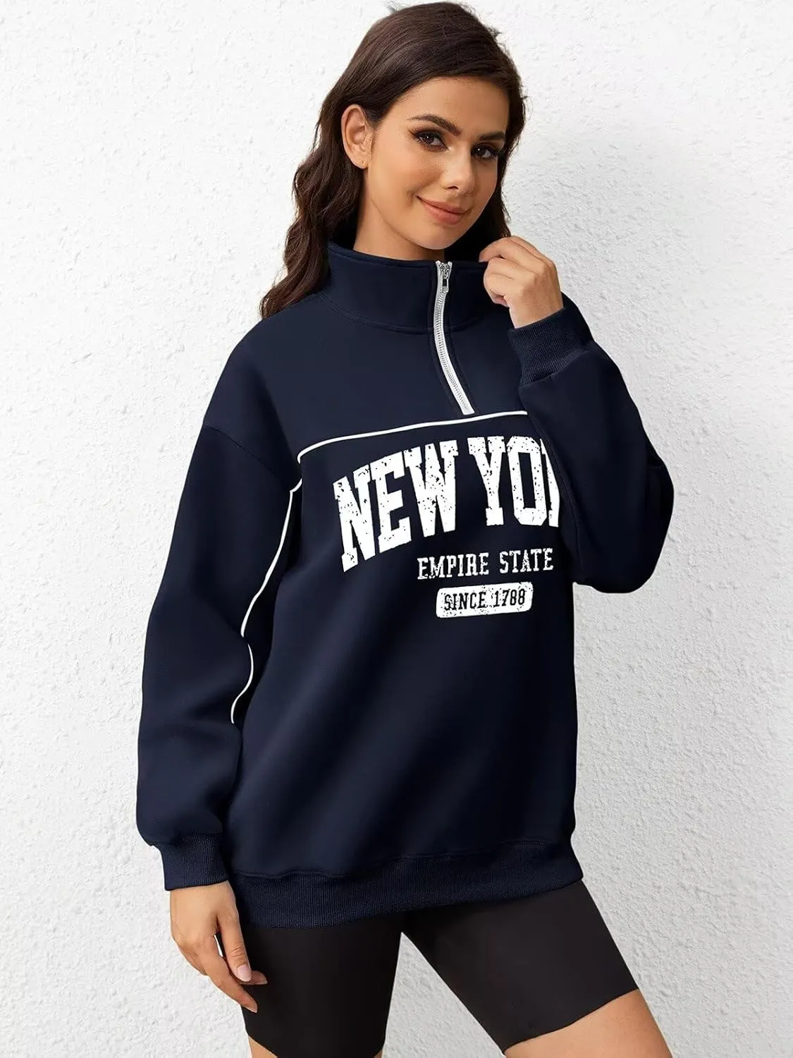 ORANDESIGNE Womens Oversized Graphic Sweatshirts Quarter Zip Pullover Fleece Letter Print Hoodies Trendy Clothes 2025