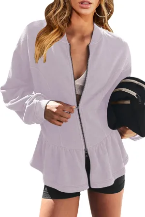 Orchidays Women's Zip Up Peplum Sweatshirts Jackets Long Sleeve Casual Loose Outwear Ruffle Hem Cardigan