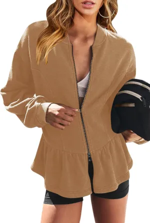 Orchidays Women's Zip Up Peplum Sweatshirts Jackets Long Sleeve Casual Loose Outwear Ruffle Hem Cardigan