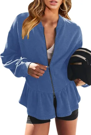 Orchidays Women's Zip Up Peplum Sweatshirts Jackets Long Sleeve Casual Loose Outwear Ruffle Hem Cardigan