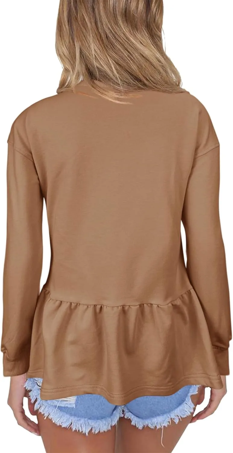 Orchidays Women's Zip Up Peplum Sweatshirts Jackets Long Sleeve Casual Loose Outwear Ruffle Hem Cardigan