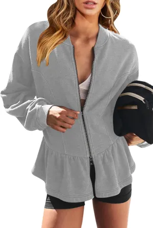 Orchidays Women's Zip Up Peplum Sweatshirts Jackets Long Sleeve Casual Loose Outwear Ruffle Hem Cardigan