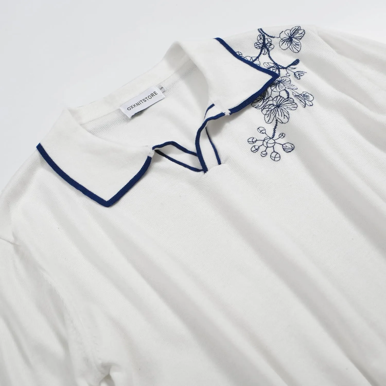 OXKNIT Men's Knitted Vintage Polo Shirts Short-Sleeve Casual V Neck White Shirt with Embroidered Flower