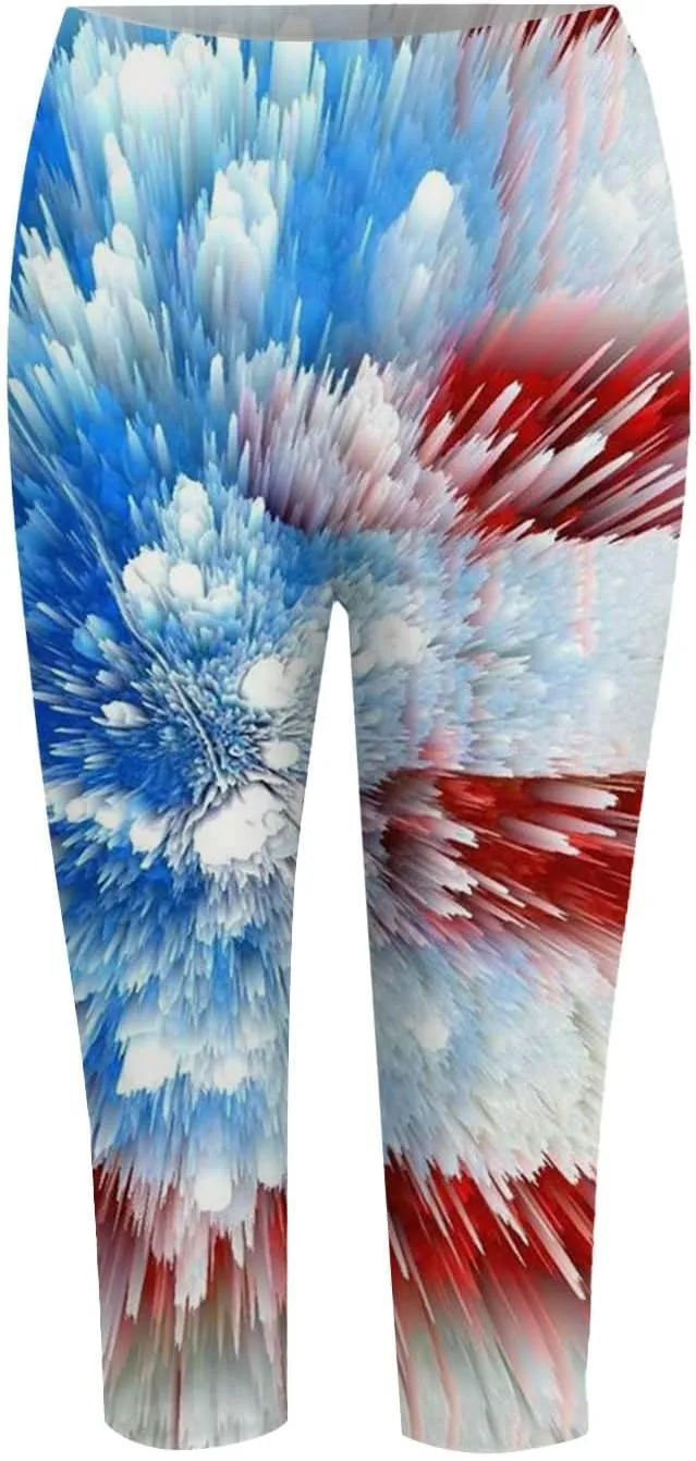 Patriotic Leggings for Women Lightweight Plus Size Summer High Waist 4th of July Yoga Pants USA Flag Cropped Trousers