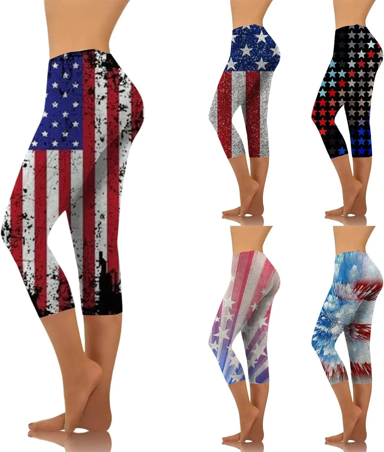 Patriotic Leggings for Women Lightweight Plus Size Summer High Waist 4th of July Yoga Pants USA Flag Cropped Trousers