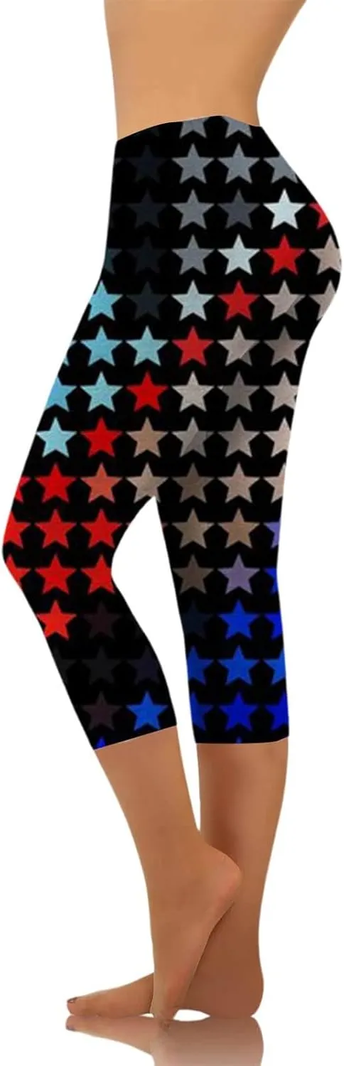 Patriotic Leggings for Women Lightweight Plus Size Summer High Waist 4th of July Yoga Pants USA Flag Cropped Trousers