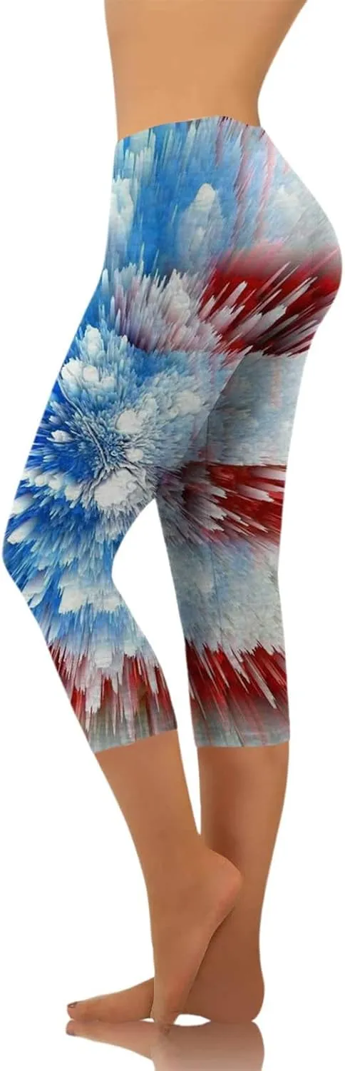 Patriotic Leggings for Women Lightweight Plus Size Summer High Waist 4th of July Yoga Pants USA Flag Cropped Trousers