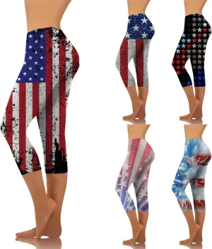 Patriotic Leggings for Women Lightweight Plus Size Summer High Waist 4th of July Yoga Pants USA Flag Cropped Trousers