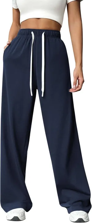 PINSPARK Wide Leg Sweat Pants for Womens High Waisted Baggy Sweatpants Casual Drawstring Workout Pants with Pockets