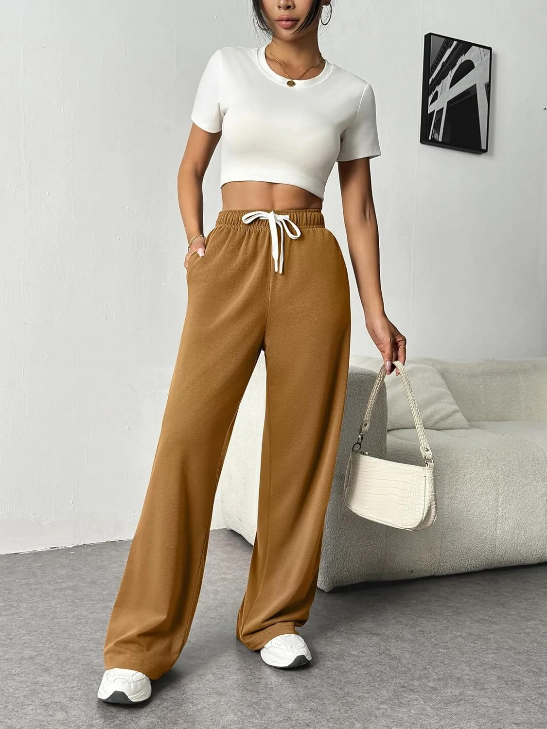 PINSPARK Wide Leg Sweat Pants for Womens High Waisted Baggy Sweatpants Casual Drawstring Workout Pants with Pockets