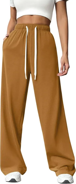 PINSPARK Wide Leg Sweat Pants for Womens High Waisted Baggy Sweatpants Casual Drawstring Workout Pants with Pockets