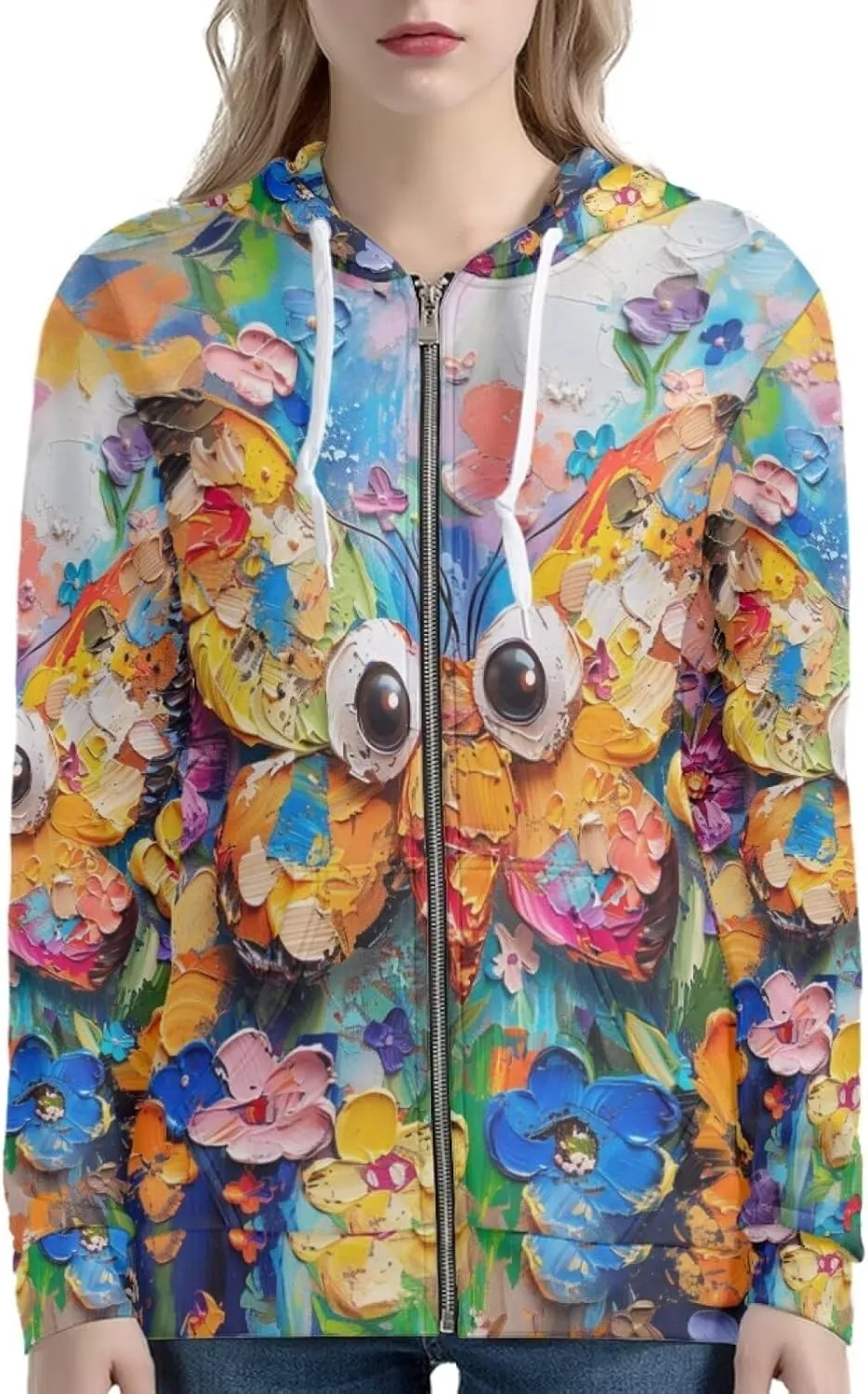 PinUp Angel Women Zip Up Hoodie Art Animal Oil Painting Graphic Oversized Hooded Sweatshirt Jacket Coats Streetwear