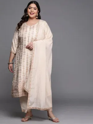Plus Size Beige Woven Design Silk Blend Straight Kurta With Dupatta