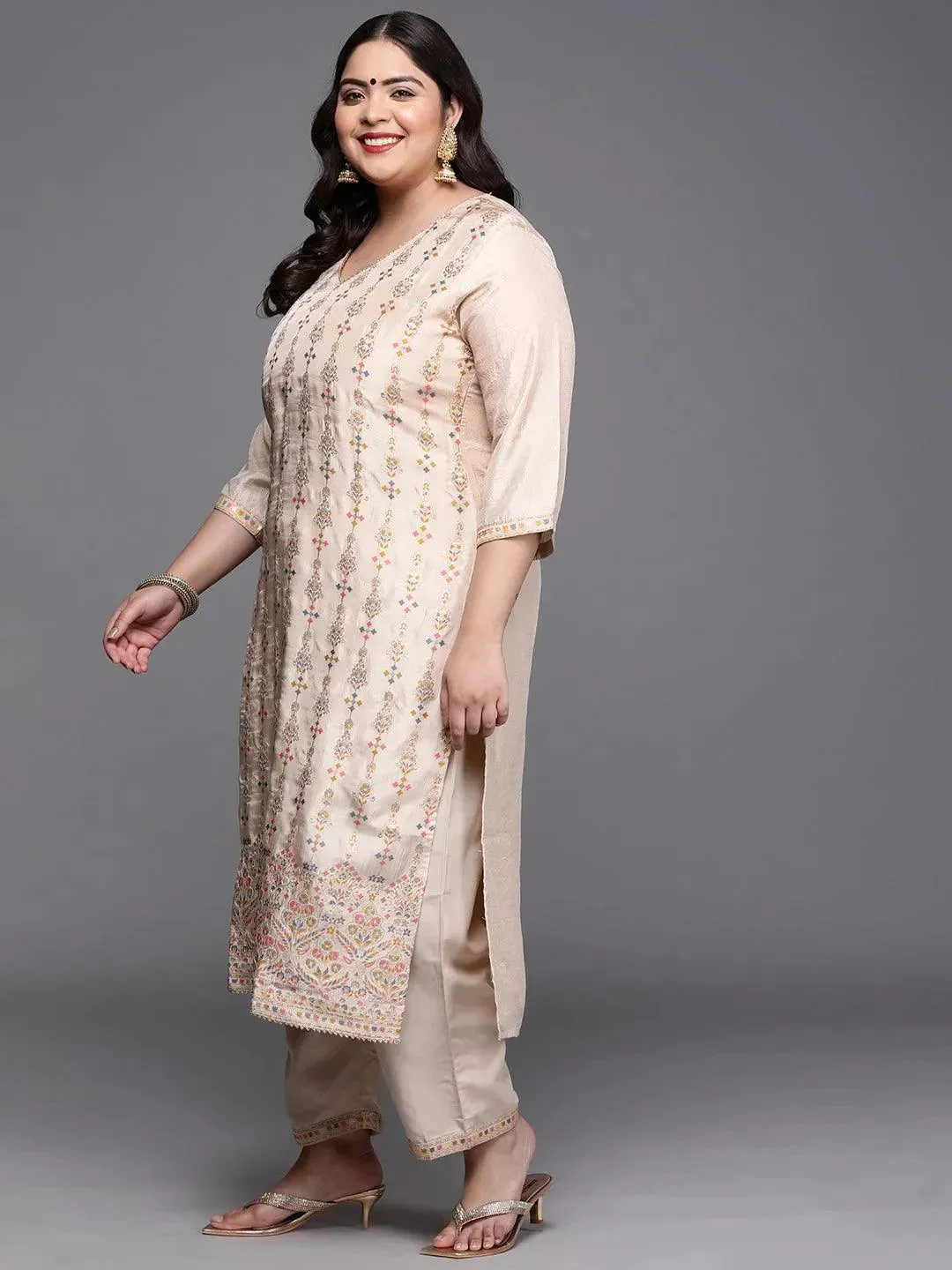 Plus Size Beige Woven Design Silk Blend Straight Kurta With Dupatta