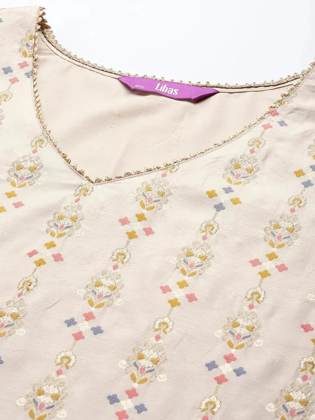 Plus Size Beige Woven Design Silk Blend Straight Kurta With Dupatta