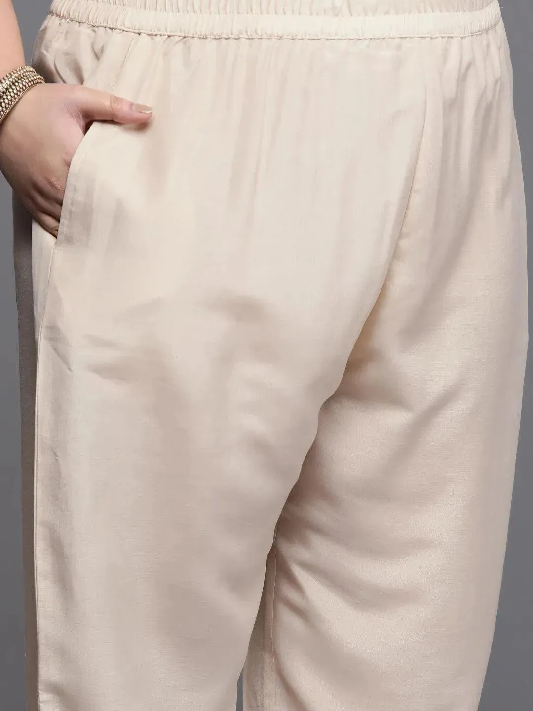Plus Size Beige Woven Design Silk Blend Straight Kurta With Dupatta