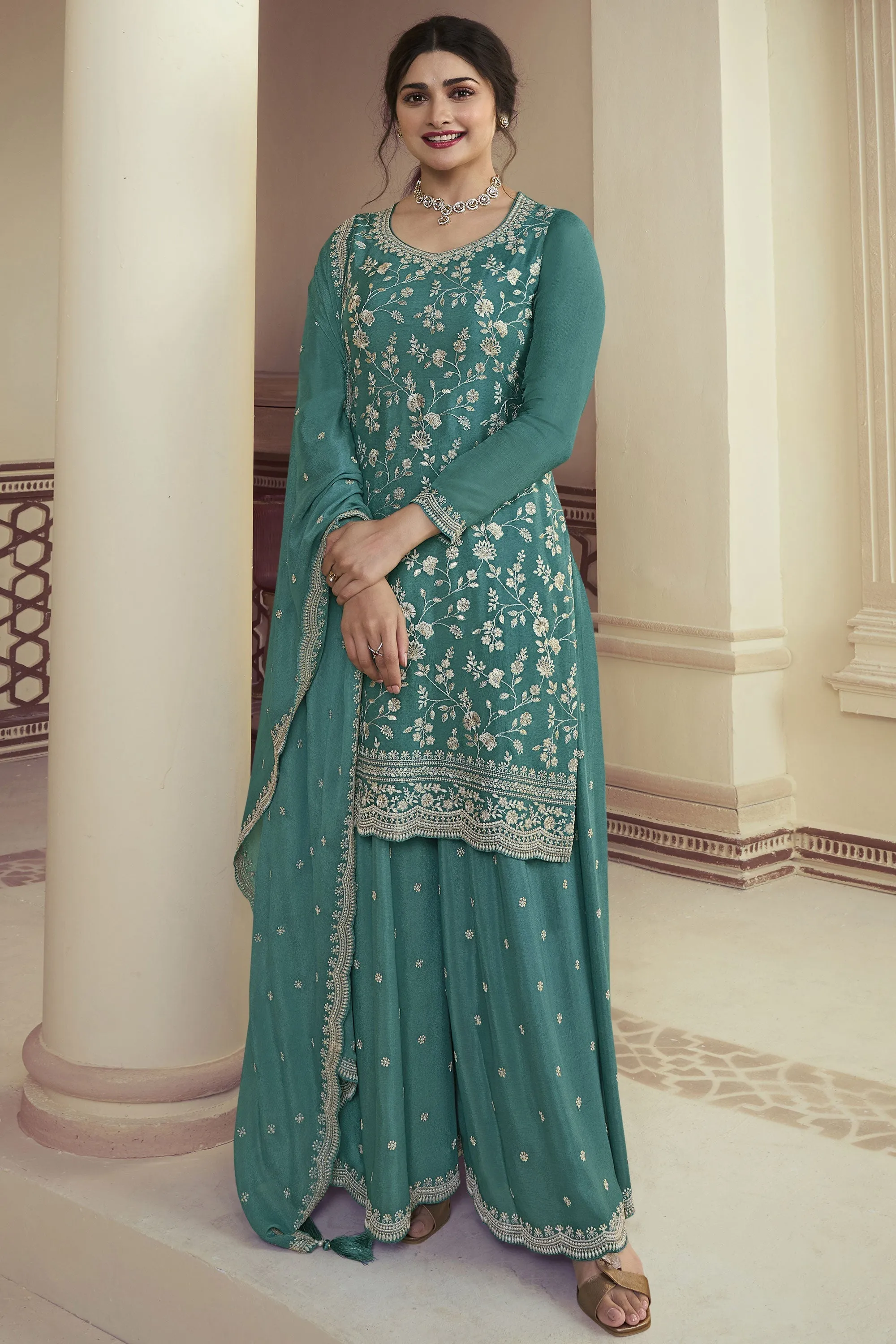 Prachi Desai Trendy Chinon Fabric Cyan Color Palazzo Suit