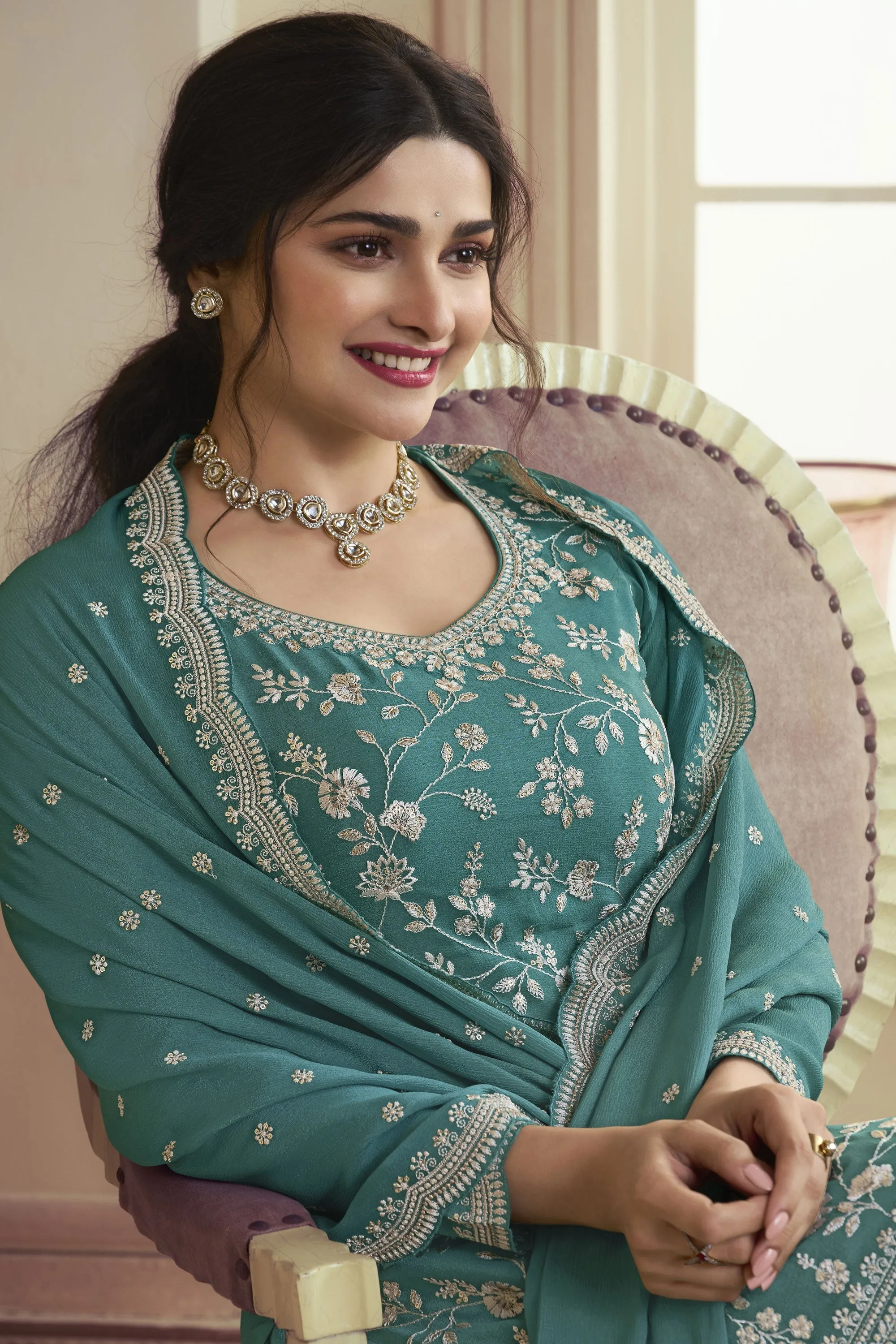 Prachi Desai Trendy Chinon Fabric Cyan Color Palazzo Suit