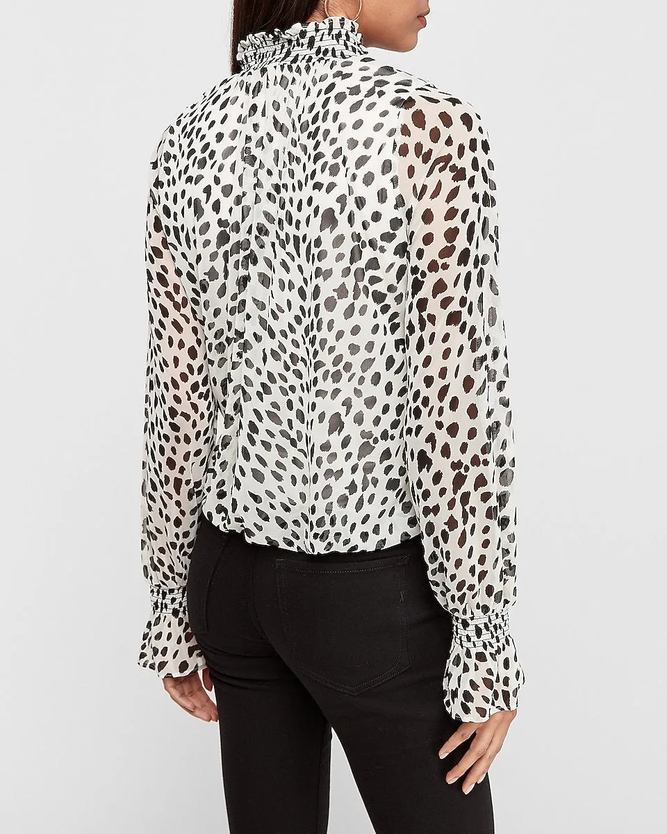 Printed V-Neck Smocked Top in Black And White