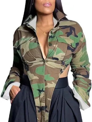Ptorlio Womens Casual Cropped Camo Jacket Long Sleeve Camouflage Fall Jackets Y2K Coat Outerwear